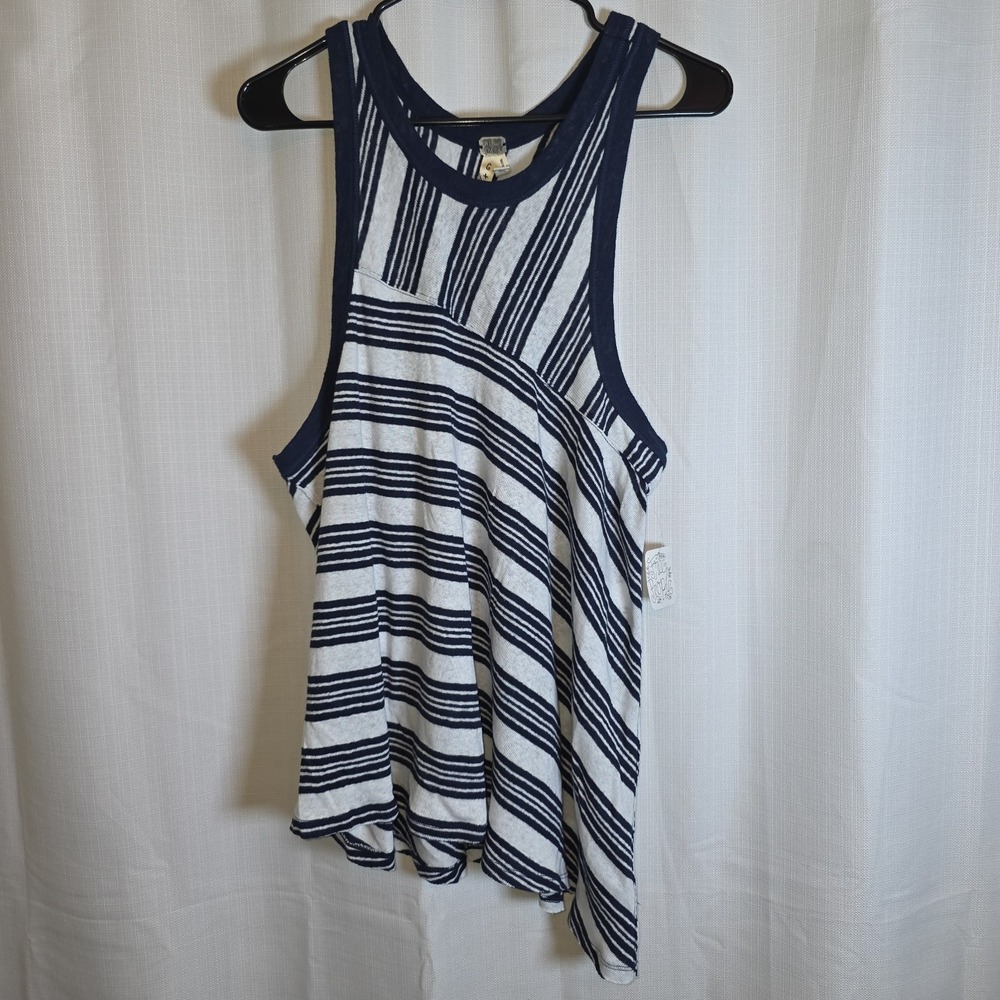 Free people  Thursday Striped Tank Top Linen Blend A-semetrical hem Nwt Large